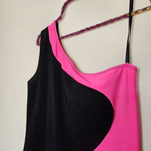 Vtg Y2K 90s Deb Mini Dress Size L One Shoulder Pink Black Bodycon Party HOCO - Picture 4 of 9